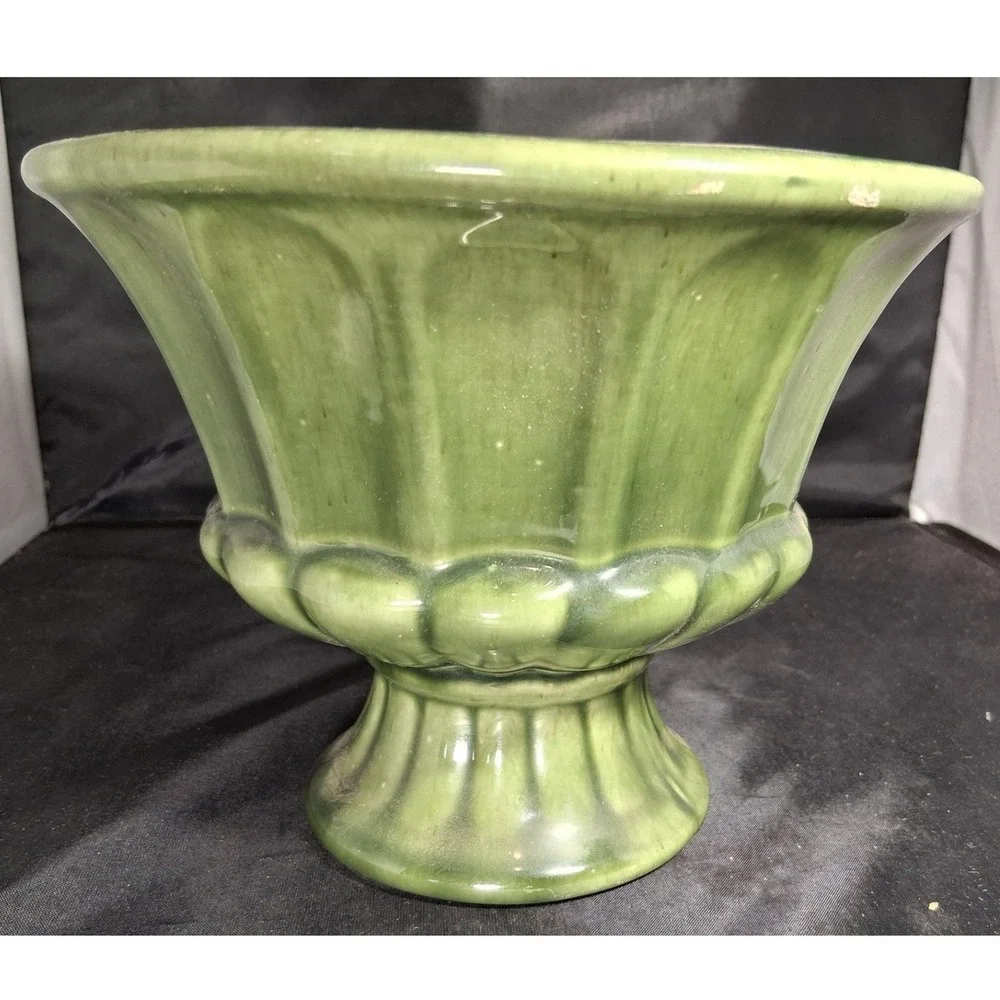 Vintage FTD Green Ceramic Pedestal Planter Urn Fluted Vase USA F-71
